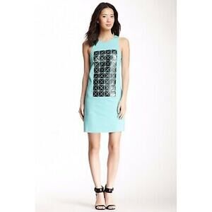 New Tibi Green Teal Turquoise Black Bonded Vinyl Applique Dress Women's Size 2